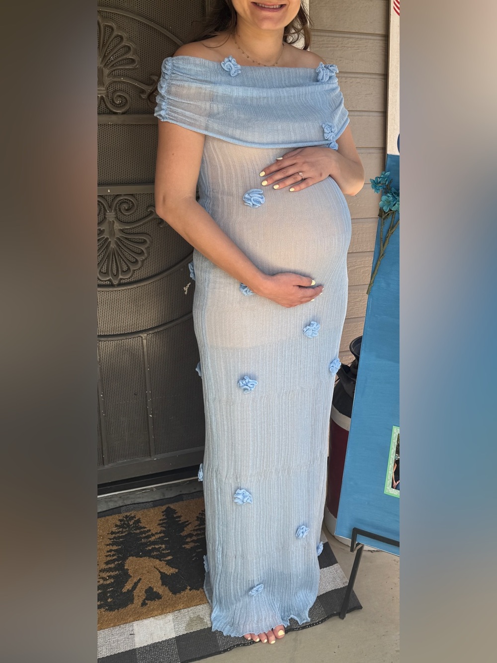 Meshki Brynn Orchid Knit Maxi Dress in Baby Blue with Floral Rosettes - Picture 3 of 5